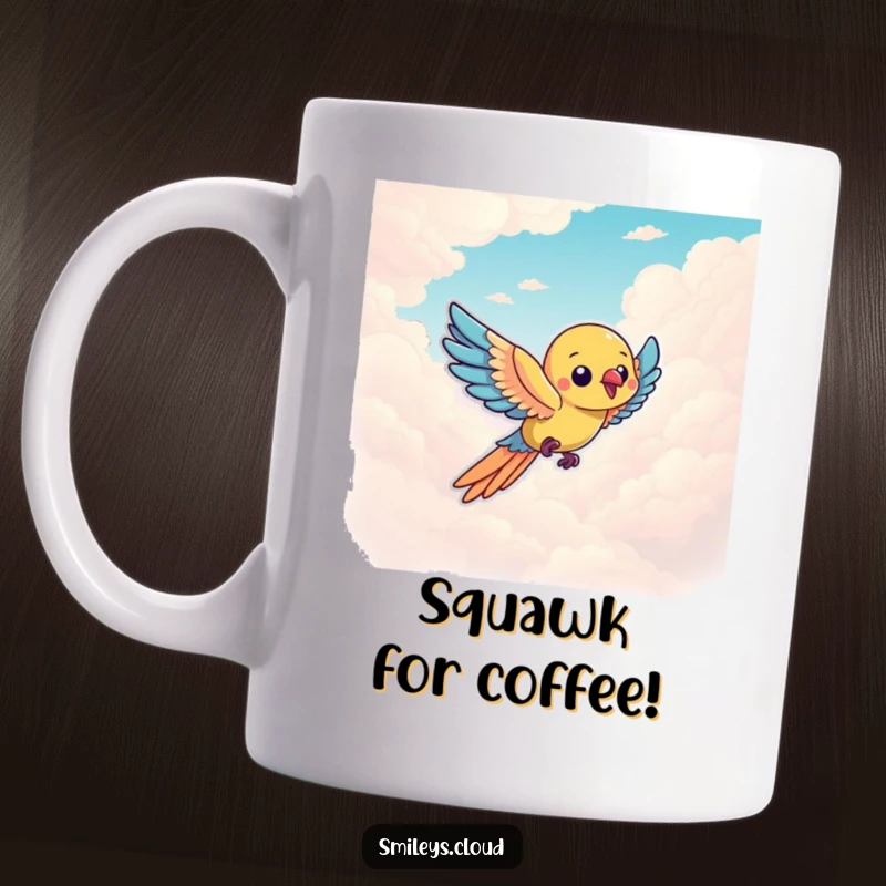 Funny parrot character in mid-flight through a cloudy sky, looking vibrant and joyful on this humorous mug.