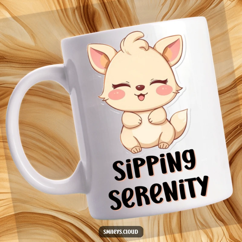 Funny mug featuring a happy animal with eyes closed, basking in a gentle breeze, radiating pure contentment and peaceful joy.