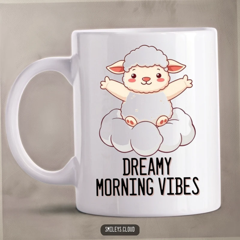 Funny mug featuring a fluffy sheep joyfully floating on a soft cloud with arms spread wide, embodying pure, serene happiness.