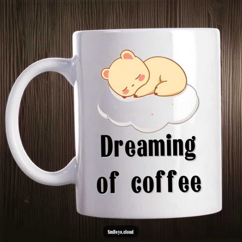 Funny mug depicting a serene animal sound asleep on a fluffy cloud, embodying peace and contentment.