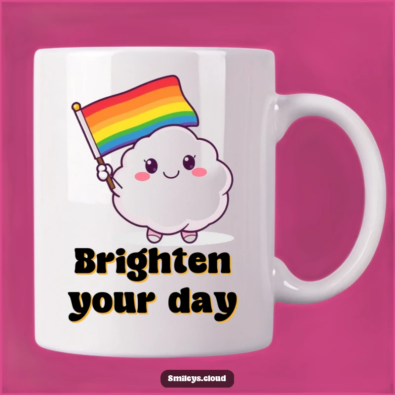 Funny Smiling Cloud Critter Mug - Rainbow Flag Waving, Pride Gift