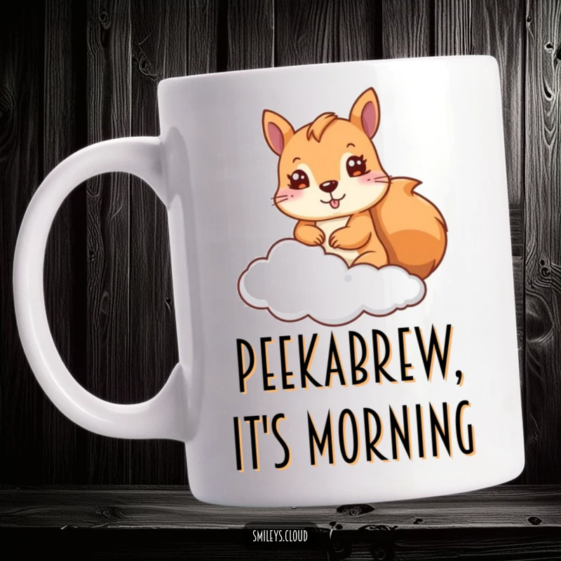 Funny Squirrel Cloud Mug: A cute squirrel peeks from behind a fluffy cloud, a humorous and adorable design for coffee lovers.