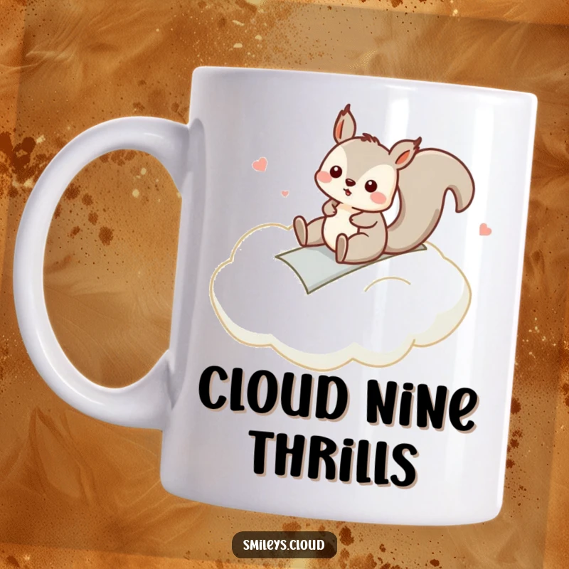 Funny mug with a silly squirrel gleefully sliding down a fluffy cloud like a playground slide, full of fun.