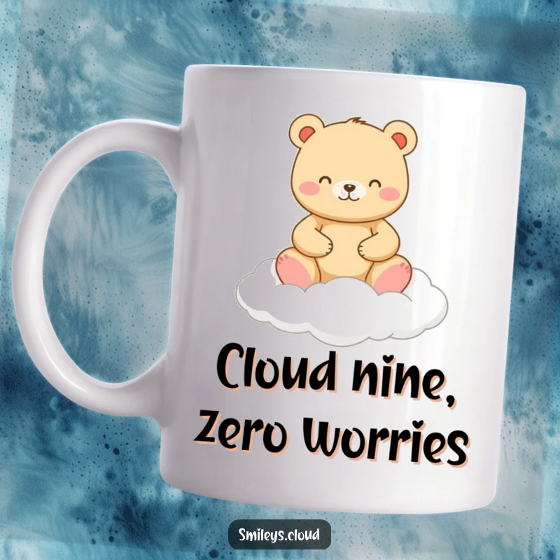 Funny meditation mug with a happy bear sitting peacefully on a fluffy cloud, radiating calm and joy, perfect for yoga lovers.