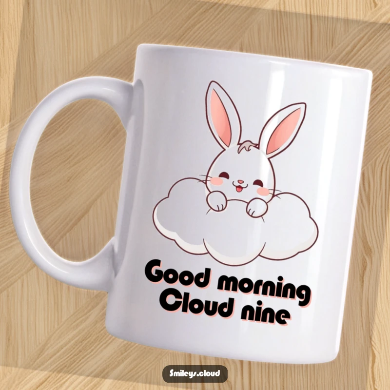 Funny rabbit mug with a happy bunny peeking over the edge of a soft, fluffy cloud, radiating cuteness.