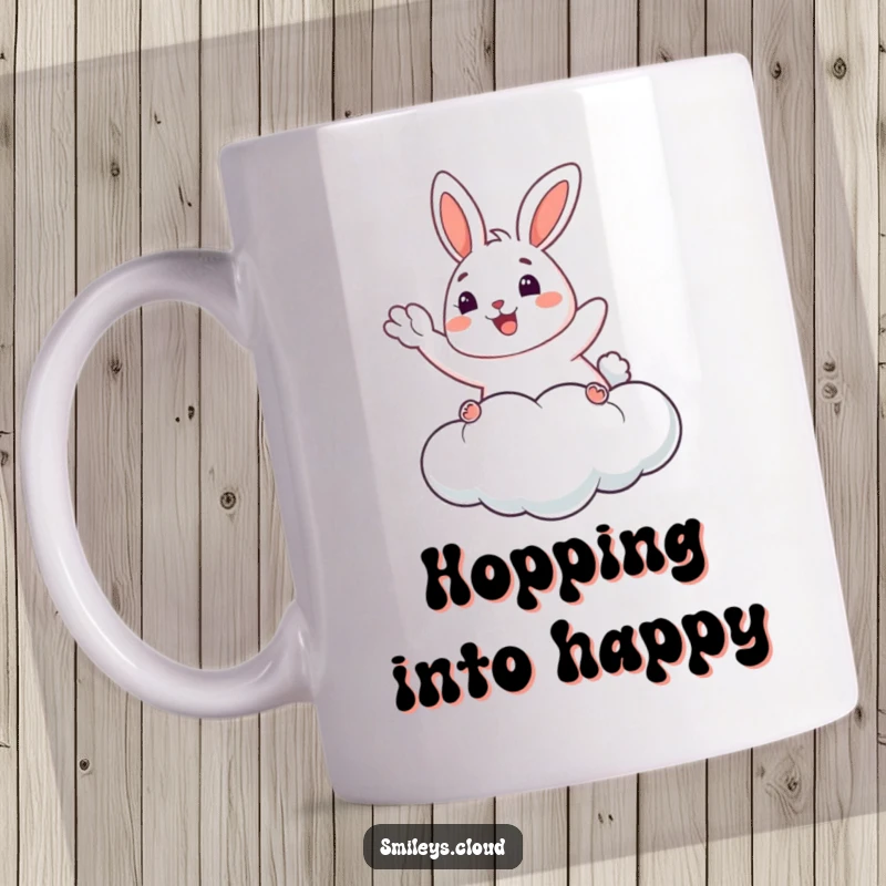 Funny Happy Bunny Mug: A cheerful bunny floats on a cloud, waving happily, a humorous and sweet design for coffee lovers.