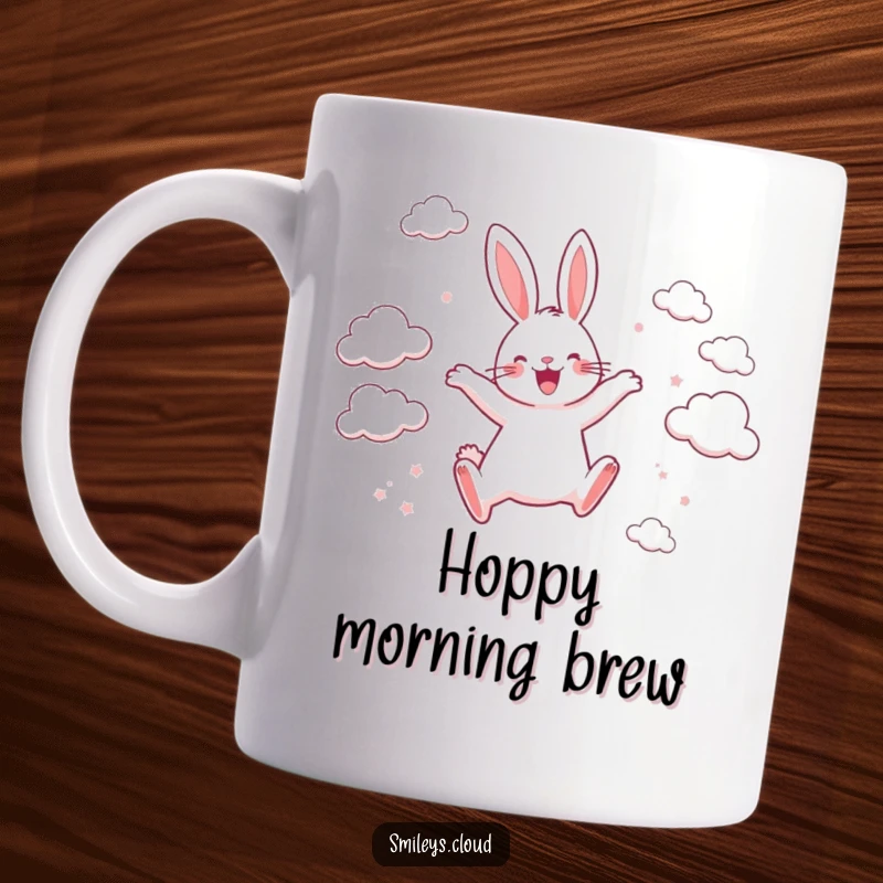 Funny mug featuring a happy rabbit joyfully leaping between scattered clouds with pure, unadulterated excitement and a big smile.