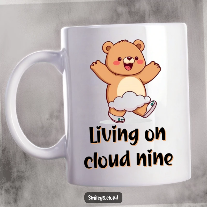Funny mug with a proud bear looking delighted, wearing fluffy cloud shoes and walking as if on air.