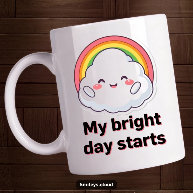 Funny mug illustration of a proud cloud character beaming with joy while holding a vibrant rainbow.