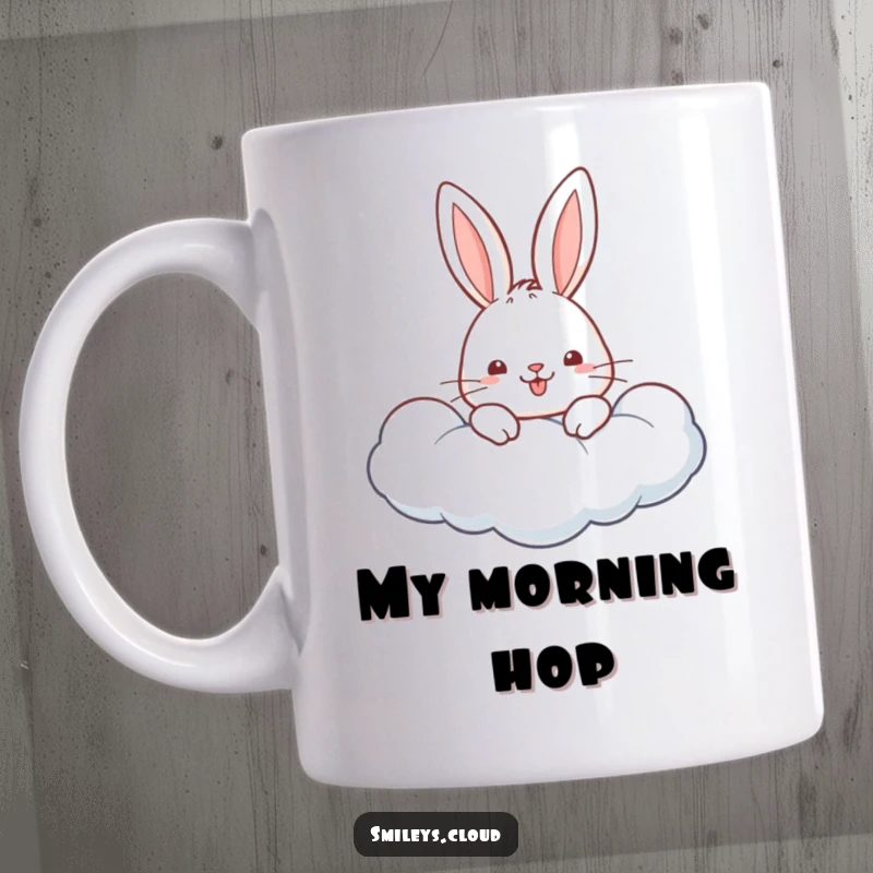 Funny mug featuring a cheerful white rabbit peeking its head out from behind a soft, fluffy white cloud.