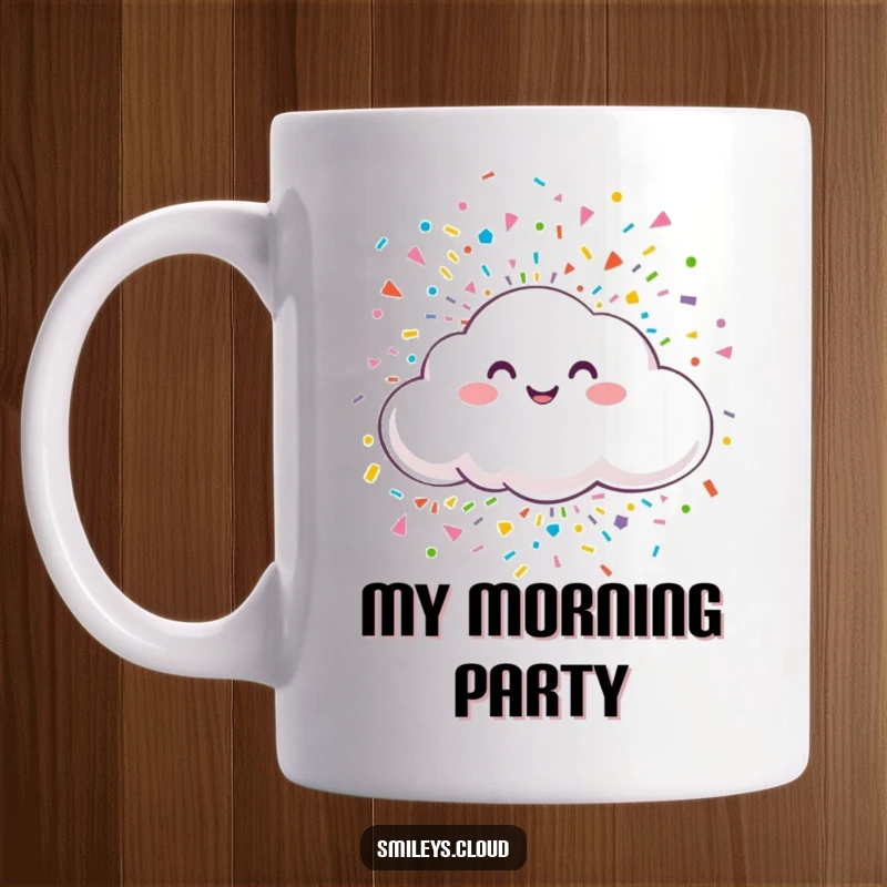 Funny mug showcasing a smiling cloud joyfully releasing a vibrant burst of colorful confetti with a cheerful 'whoosh' sound.