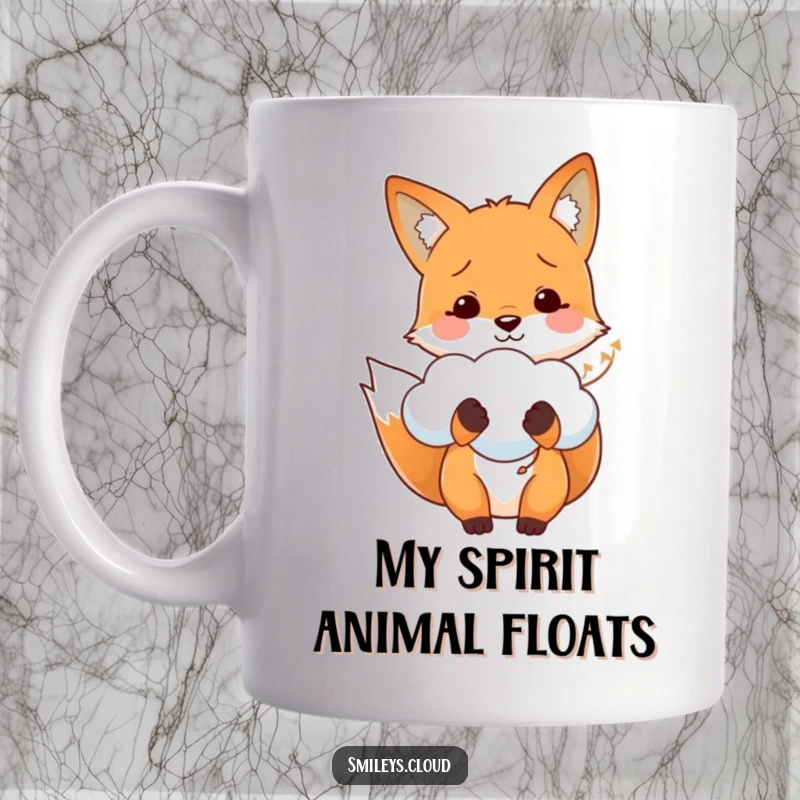 Funny mug featuring a cheerful fox with a big smile, holding a fluffy white cloud as if it were a balloon.