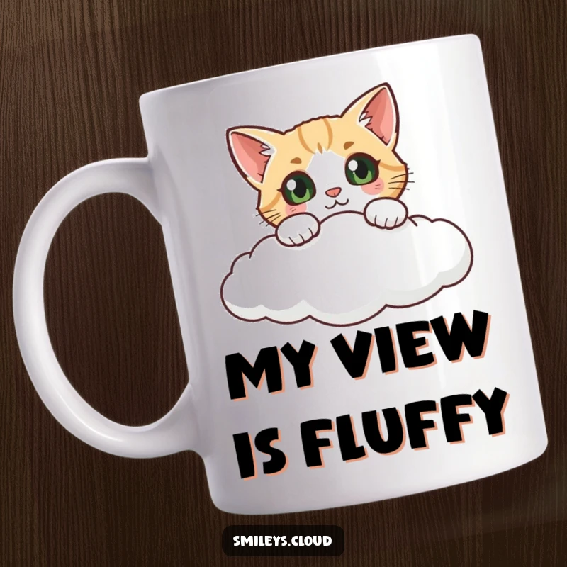 Funny cat mug, a curious feline peeking wide-eyed over a fluffy cloud's edge, expressing playful wonder and mischief.