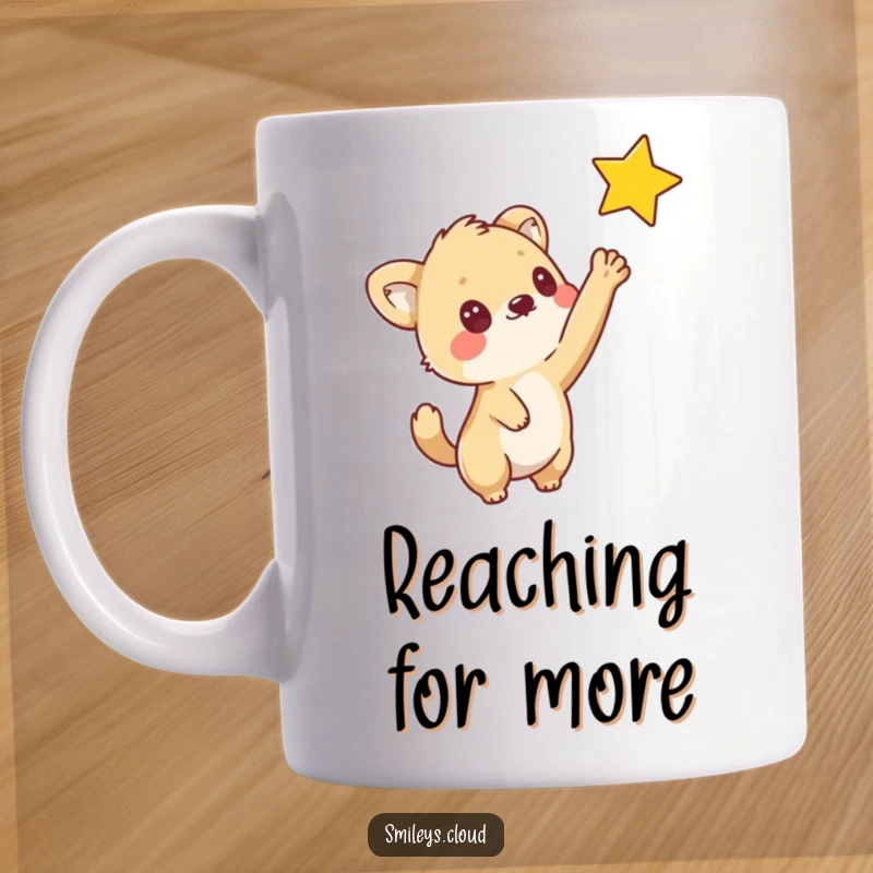 Funny mug featuring a curious animal reaching out with its paw towards a sparkling star, embodying wonder and aspiration.