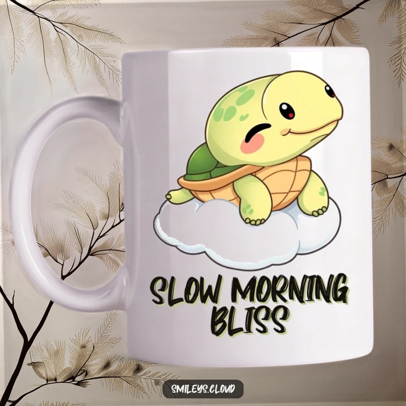 Funny Turtle Mug: A cheerful turtle winks while peacefully floating on a fluffy cloud, embodying relaxation and gentle humor.