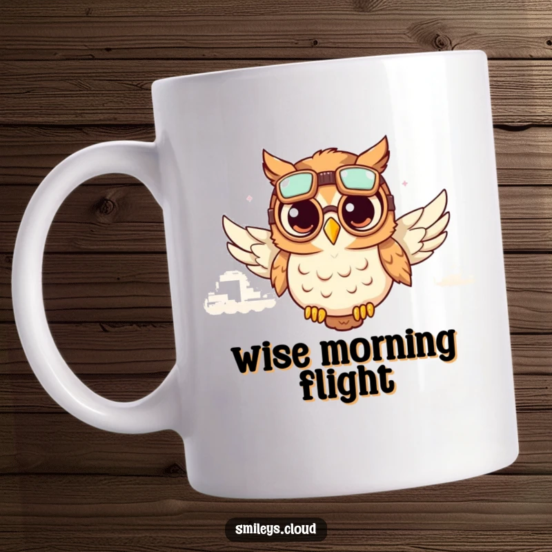 Funny illustration of a cute owl wearing aviator goggles, soaring through fluffy clouds, printed on a mug.