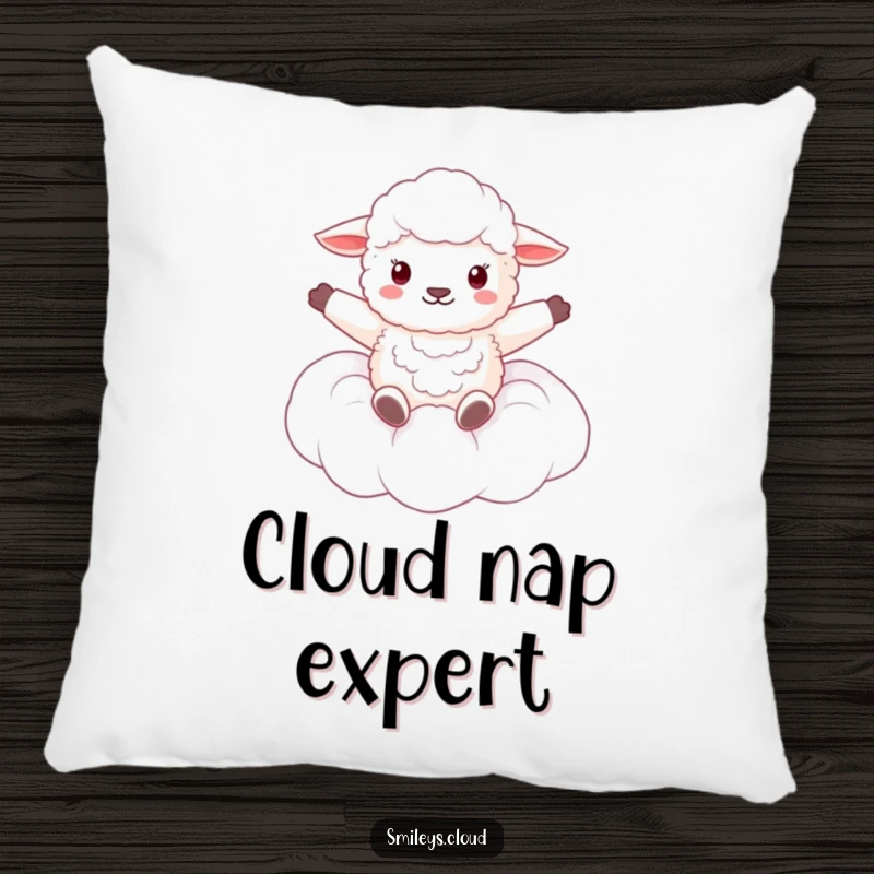 Funny pillow with a fluffy sheep happily floating on a cloud, arms spread wide in a peaceful, joyful pose.