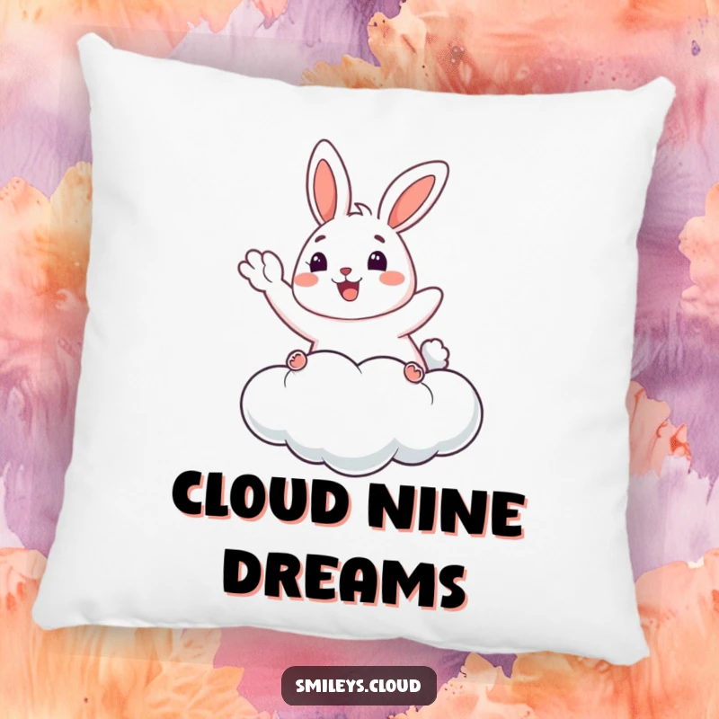 Funny Bunny Pillow: A happy bunny waves from a cloud on this soft pillow, offering comfort and humorous charm.