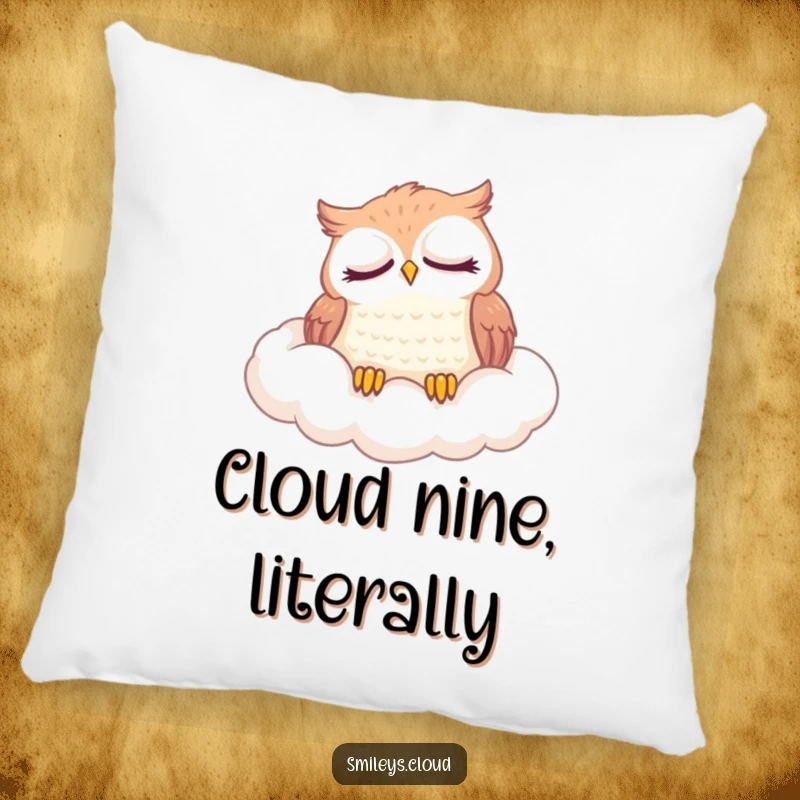 Funny pillow with a content owl napping on a fluffy cloud, offering comfort and a touch of playful humor.