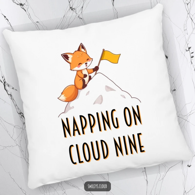 Funny pillow showcasing a determined fox character planting a flag on a cloud, ideal for humorous relaxation.