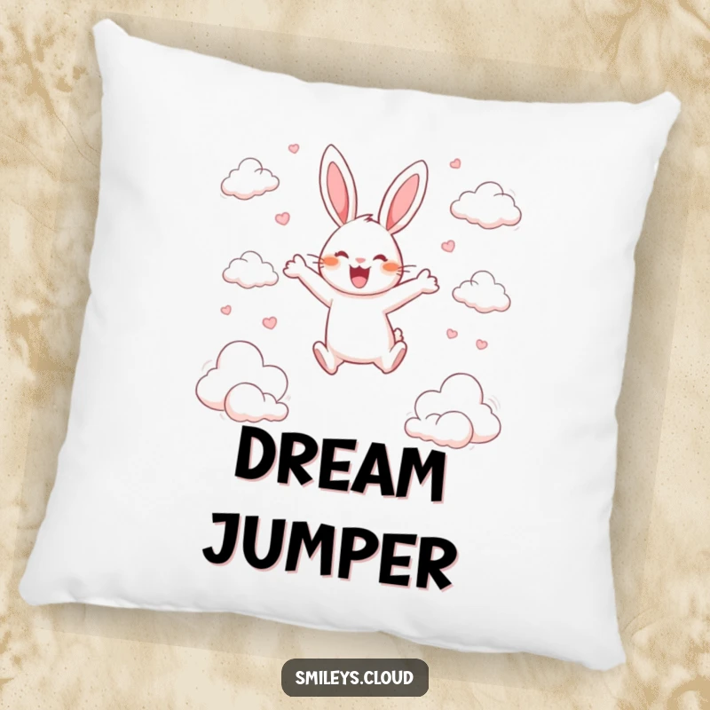 Funny pillow with a happy rabbit leaping between clouds, arms spread wide in a pose of pure, unadulterated joy.