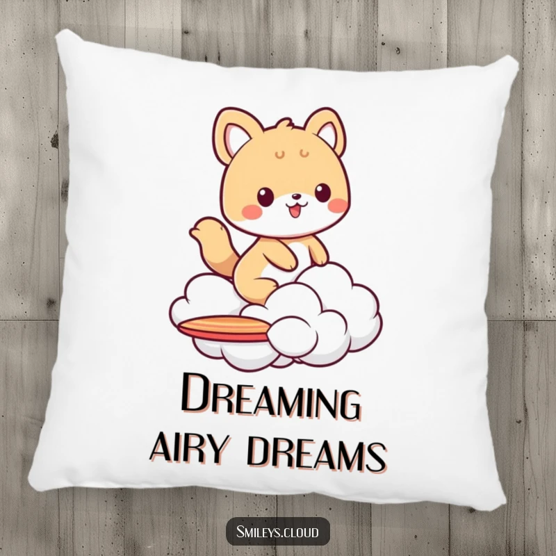 Funny pillow showcasing an animal character cheerfully surfing on a cloud, offering comfort and a touch of whimsical adventure.