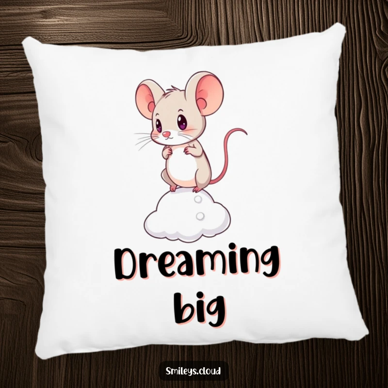 Funny pillow with a brave mouse looking determined while balancing on a tiny cloud, offering comfort and a message of strength.