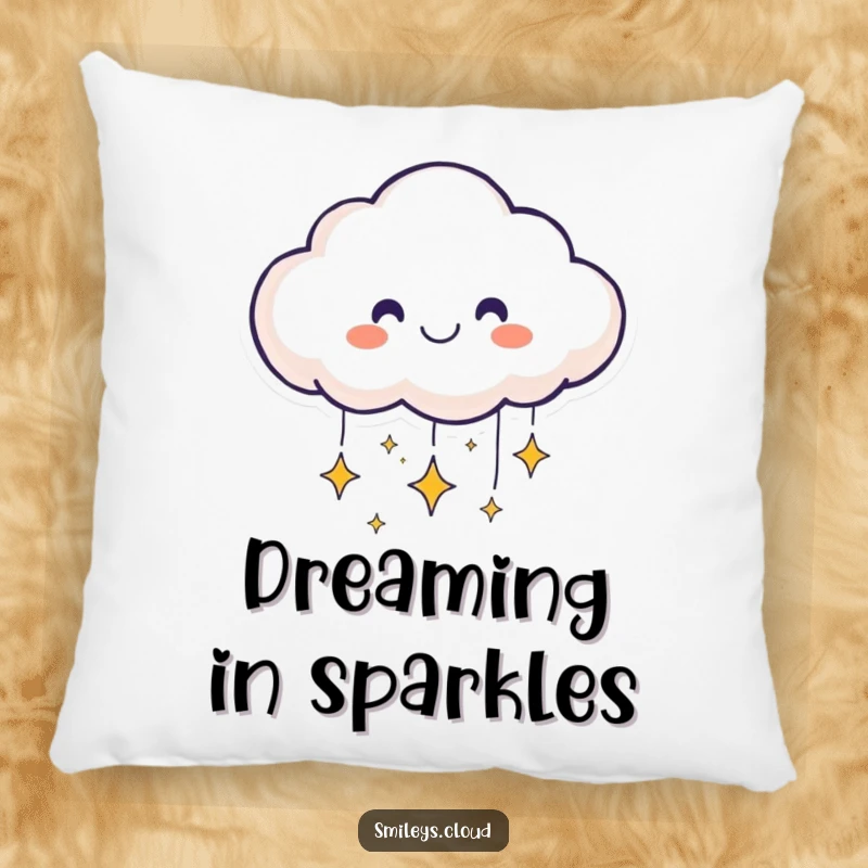 Funny smiling cloud face on a pillow sending sparkling stars downward, perfect for cozying up with dreams.
