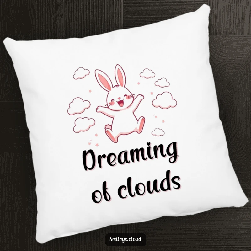 Funny pillow showcasing a happy rabbit leaping between scattered clouds with pure joy, perfect for adding a touch of playful comfort.