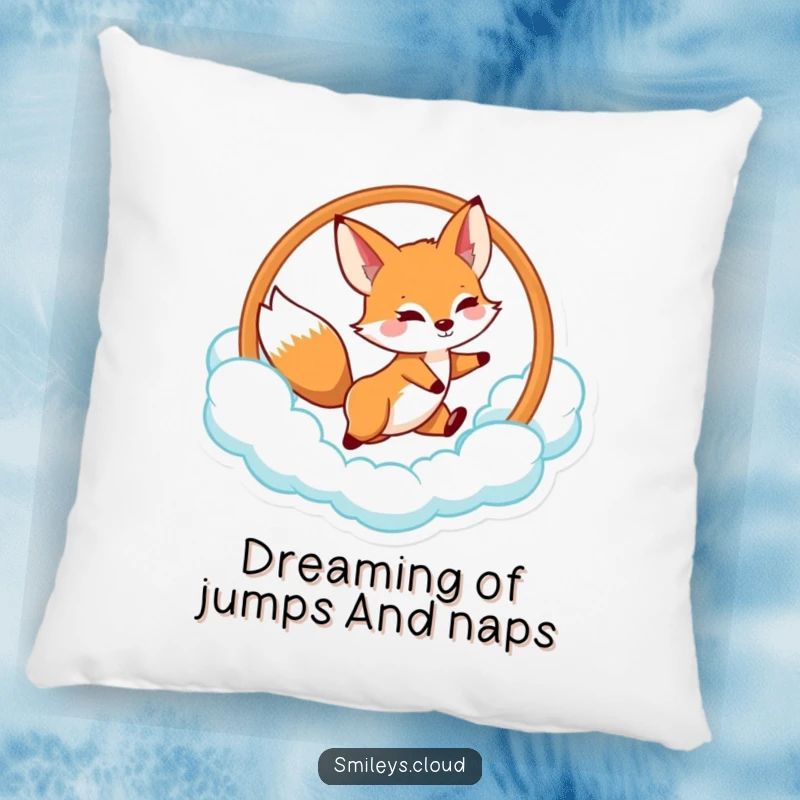 Funny fox pillow featuring a playful fox jumping through a cloud hoop, bringing comfort and whimsy.