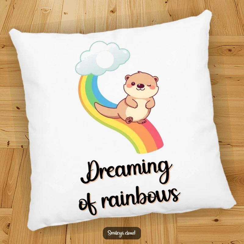 Funny happy otter sliding down a vibrant rainbow from a cloud, featured on a plush and funny pillow.