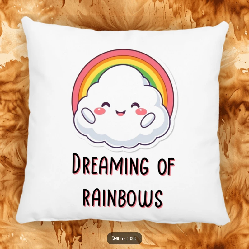 Funny pillow design featuring a proud cloud character holding a rainbow, beaming with pure joy and radiating happiness.