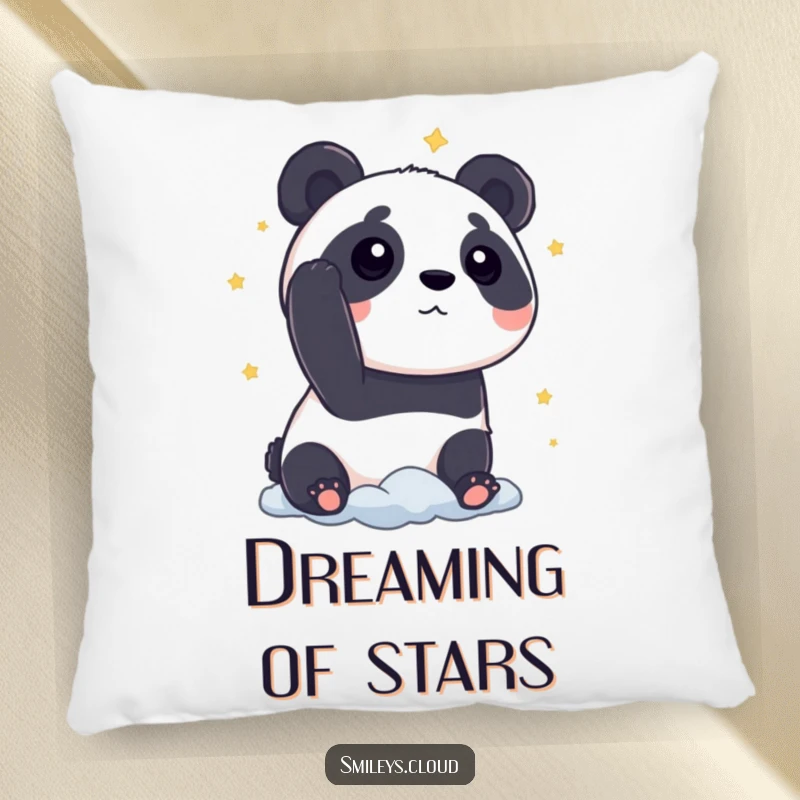 Funny panda pillow with a curious panda gazing at stars from a cloud, a soft and humorous decorative accent.