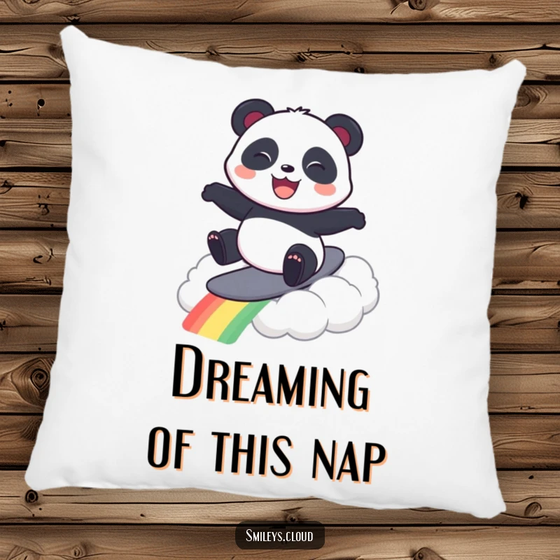 Funny pillow showcasing a happy panda elegantly surfing a surreal rainbow cloud, offering comfort and a quirky touch.