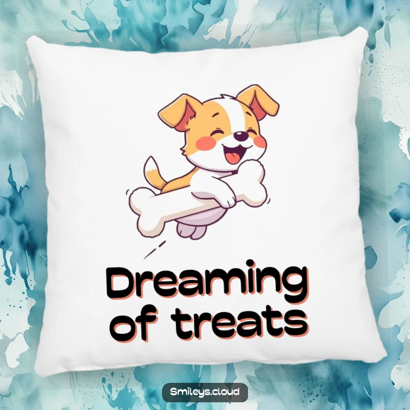 Funny pillow with a giggling dog chasing a cloud shaped like a bone, offering comfort and a cheerful dose of doggy humor.