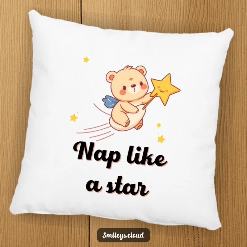 Funny pillow showcasing a happy bear cub riding a shooting star with great glee, offering comfort and a whimsical touch to any room.