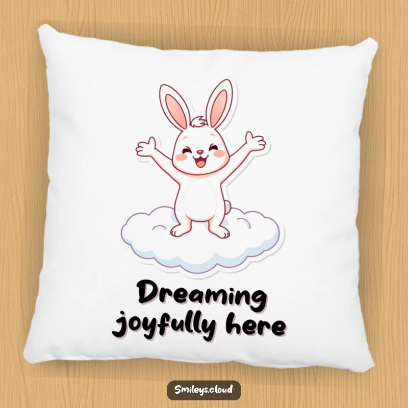 Funny decorative pillow with a cheerful bunny balancing on a cloud, arms outstretched, offering funny comfort and cheer.