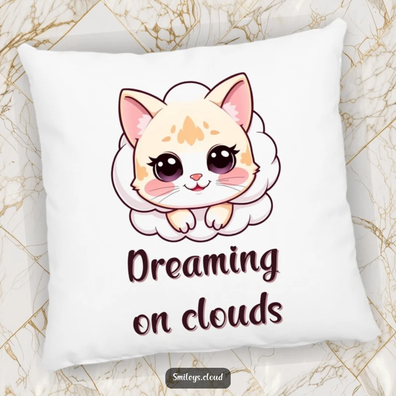 Funny decorative pillow showcasing a happy cat peeking from a fluffy cloud, promising funny comfort and charm.