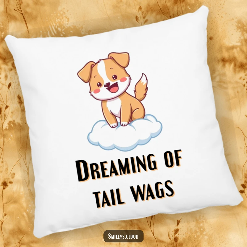 Funny cheerful dog wagging its tail on a cloud, featured on a plush and funny pillow for ultimate comfort.