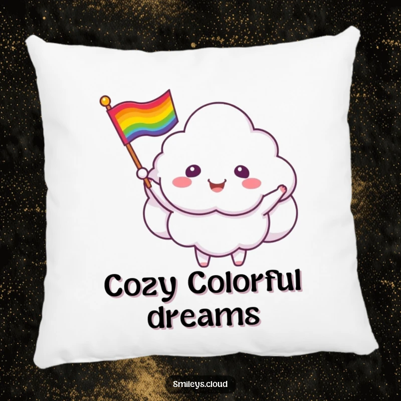 Funny cloud critter pillow featuring a smiling cloud character waving a rainbow flag, bringing comfort and cheer.