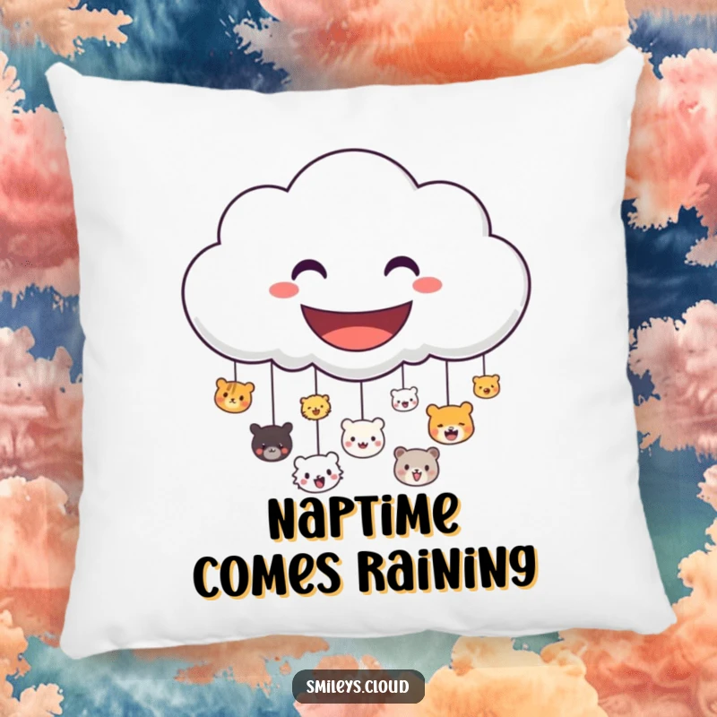 Funny pillow featuring a happy cloud character raining down an abundance of cheerful small animal faces, bringing cozy smiles.