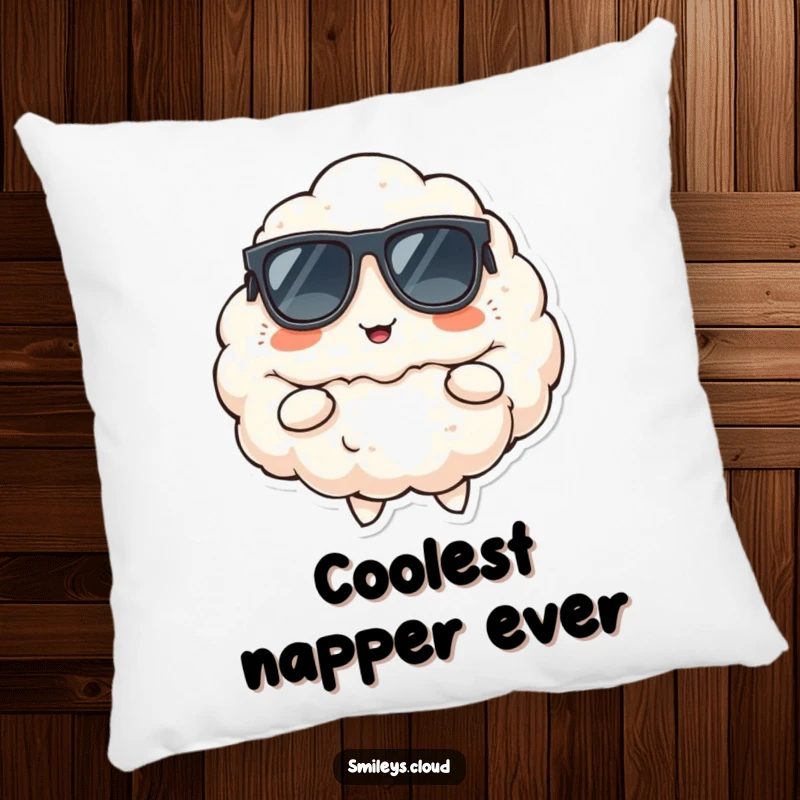Funny pillow design featuring a fluffy cloud wearing sunglasses, striking a cool pose with a smug, cheerful smirk.