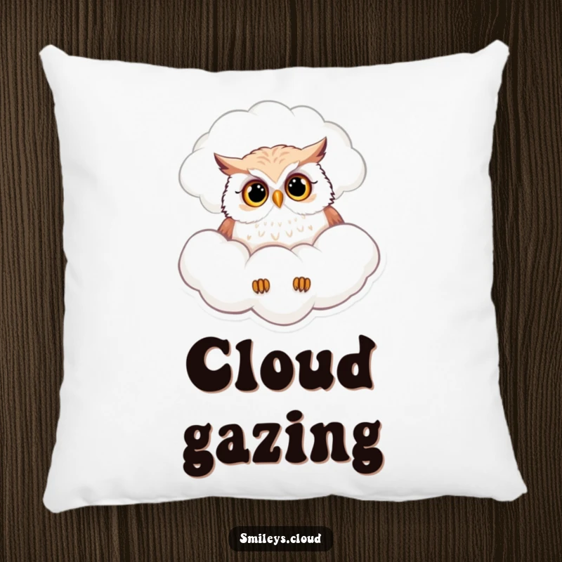 Funny pillow featuring a curious owl peeking from a fluffy cloud, providing cozy comfort and whimsical charm.