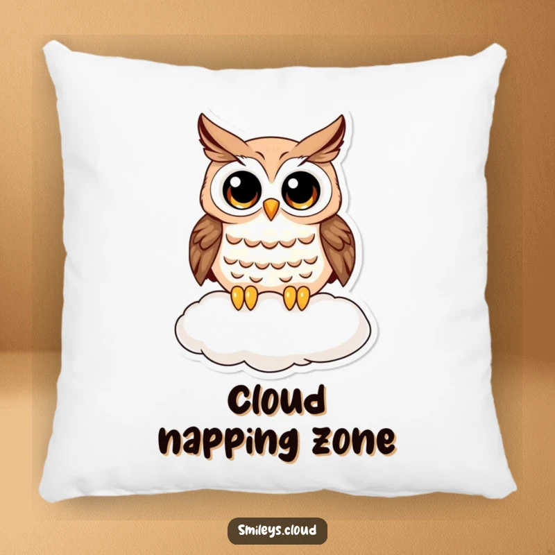Funny owl pillow showcasing a wide-eyed, curious owl nestled on a soft cloud, a humorous and comforting decorative accent for any room.