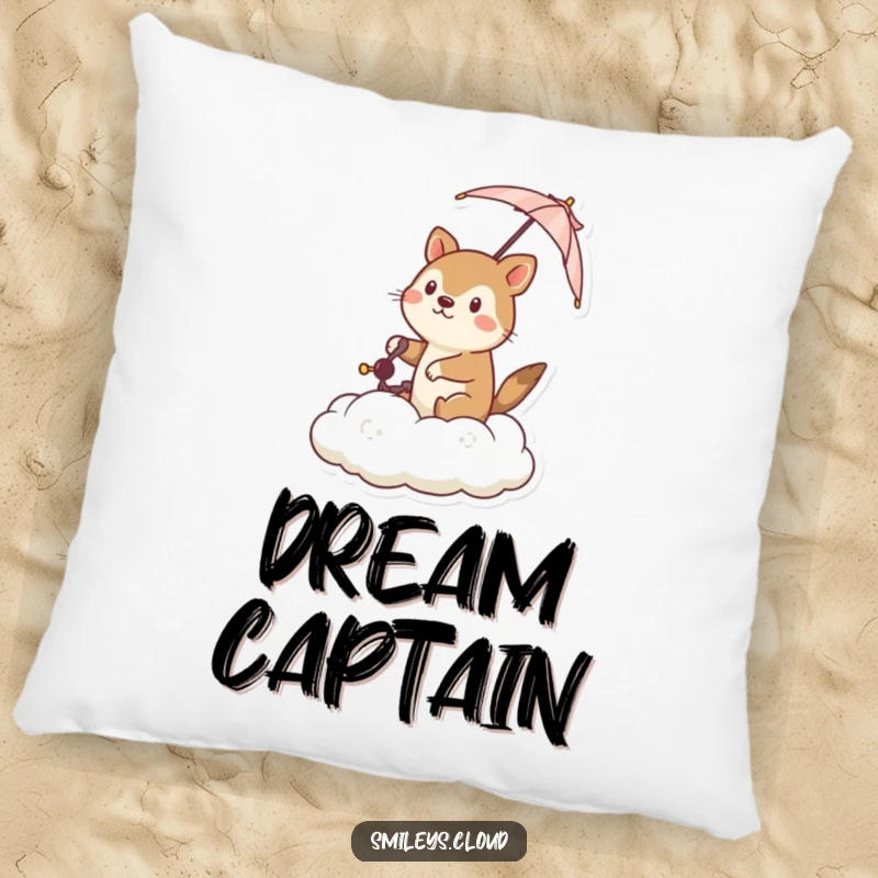 Funny pillow with a determined animal steering a cloud with a tiny umbrella, offering comfort and a humorous touch of adventurous bravery.