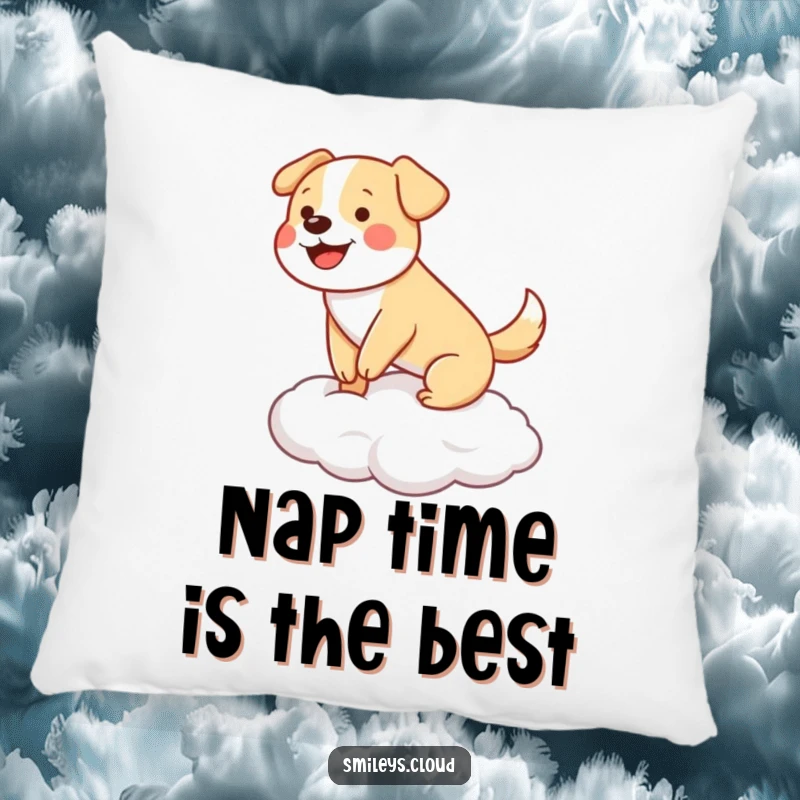 Funny happy dog wagging its tail, balancing on a cloud, soft decorative pillow.