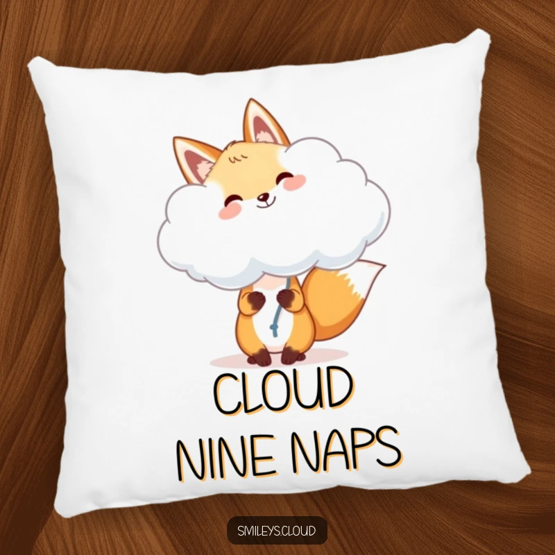 Funny fox pillow, a cheerful fox holding a fluffy cloud like a balloon, offering cozy comfort and whimsical, happy vibes.