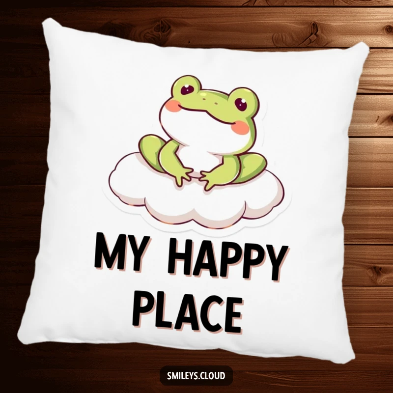 Funny frog character relaxing peacefully on a cloud, smiling with pure joy on this plush, humorous pillow.