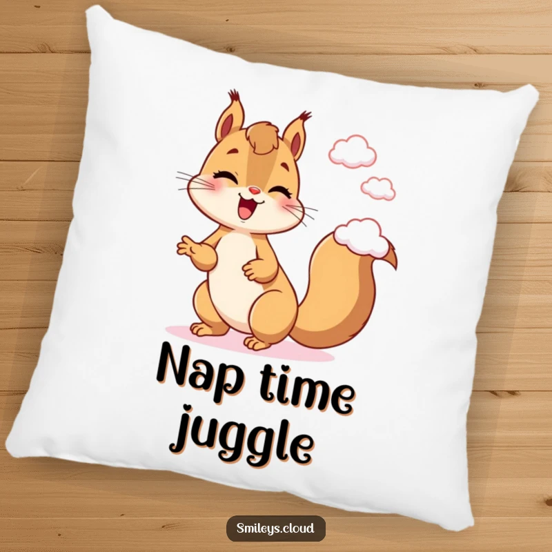 Funny Squirrel Pillow: A giggling squirrel juggling clouds brings a touch of adorable mischief and comfort to any room.