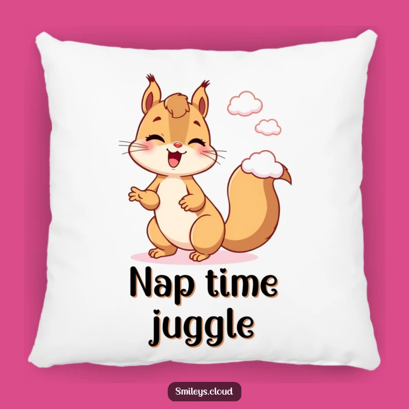 Funny Giggling Squirrel Juggling Clouds Pillow: Comfy & Playful Accent